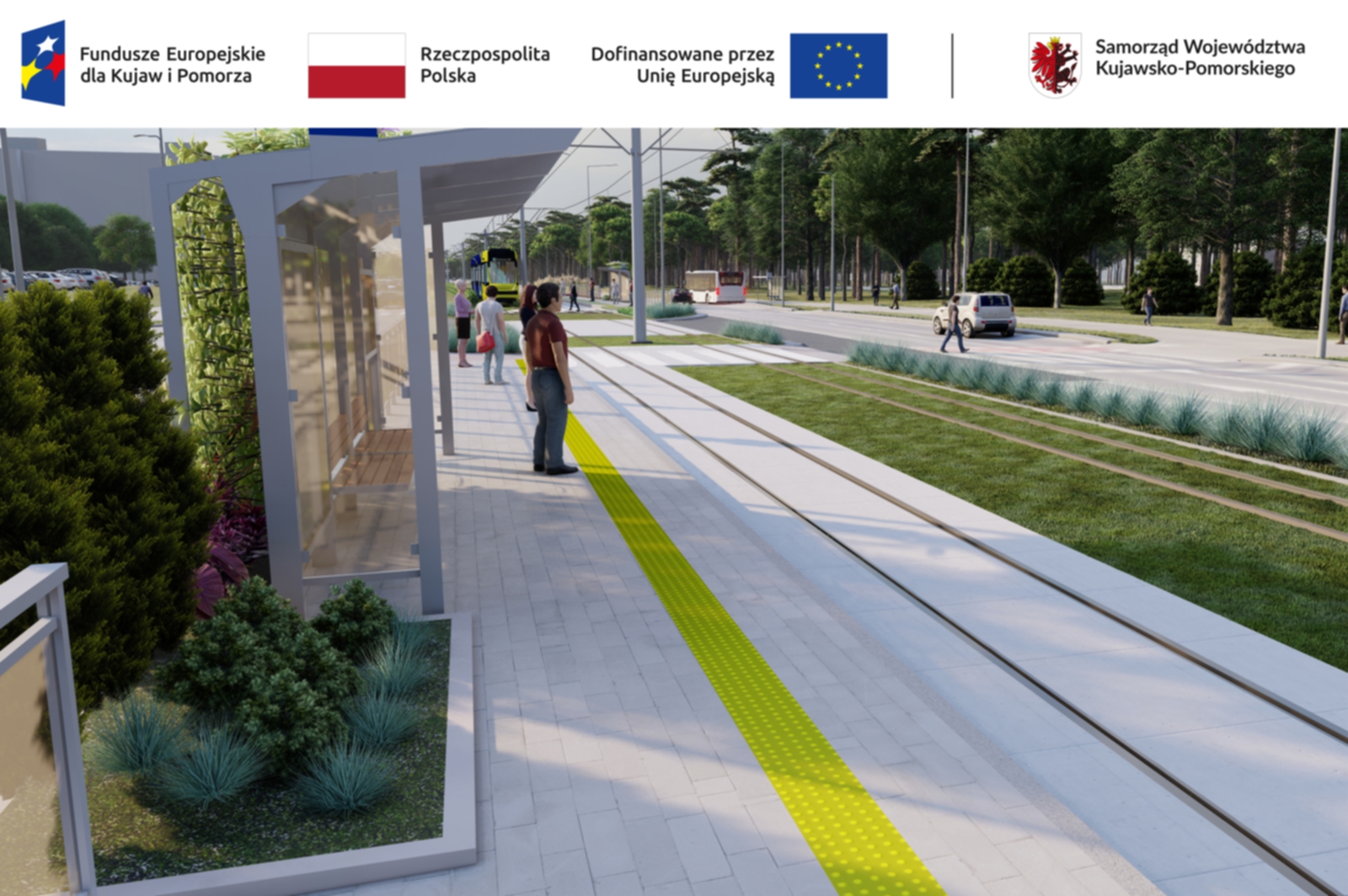 wizualizacja zmodernizowanego przystanku tramwajowego z widocznym peronem i torowiskiem tramwajowym wybudowanym w technologii zielonej