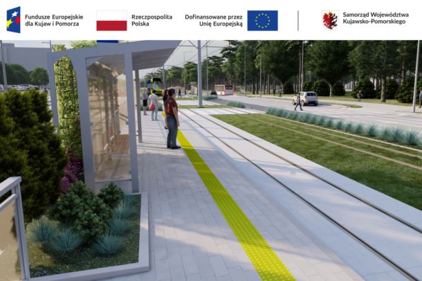 wizualizacja zmodernizowanego przystanku tramwajowego z widocznym peronem i torowiskiem tramwajowym wybudowanym w technologii zielonej