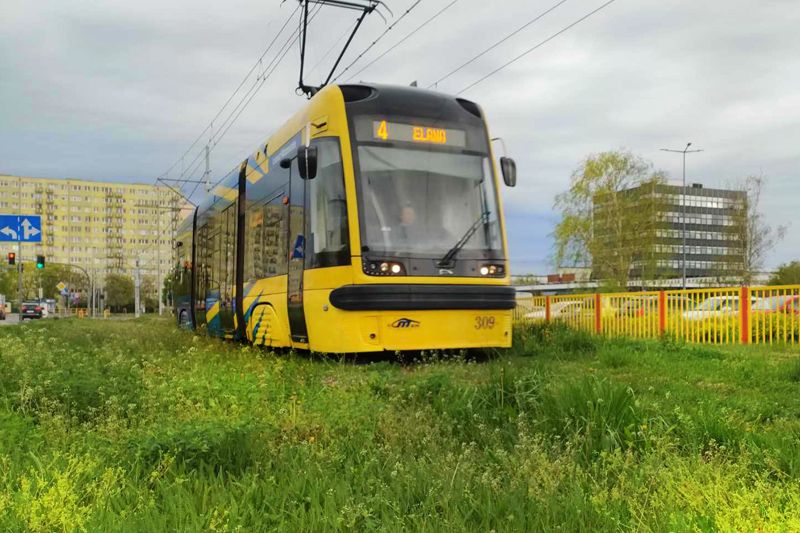 Tramwaj na zielonym torowisku