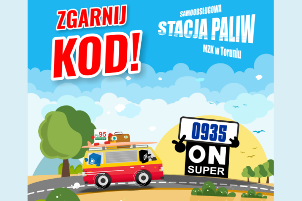 grafika dot. promocji na stacji paliw MZK Wpisz kod i zgarnij rabat wakacyjny