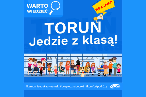 grafika z bohaterami kampanii edukacyjnej MZK w Toruniu