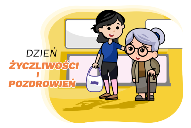 Grafika przedstawia młodą osobę pomagającą starszej pani