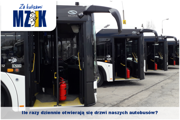Znak graficzny Za kulisami MZK oraz zdjęcie autobusów